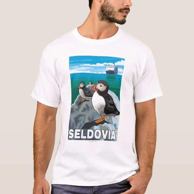 T-shirts Papagaio-do-mar & navio de cruzeiros - Seldovia, (Frente)