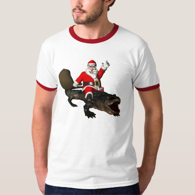 T-shirts Papai Noel alegre que monta um crocodilo (Frente)