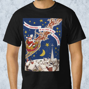 T-shirts Papai Noel de Natal Antigo com Rena Voando