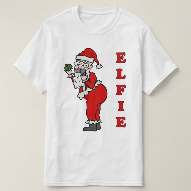 T-shirts Papai noel engraçado Elfie Selfie do Natal (Frente do Design)
