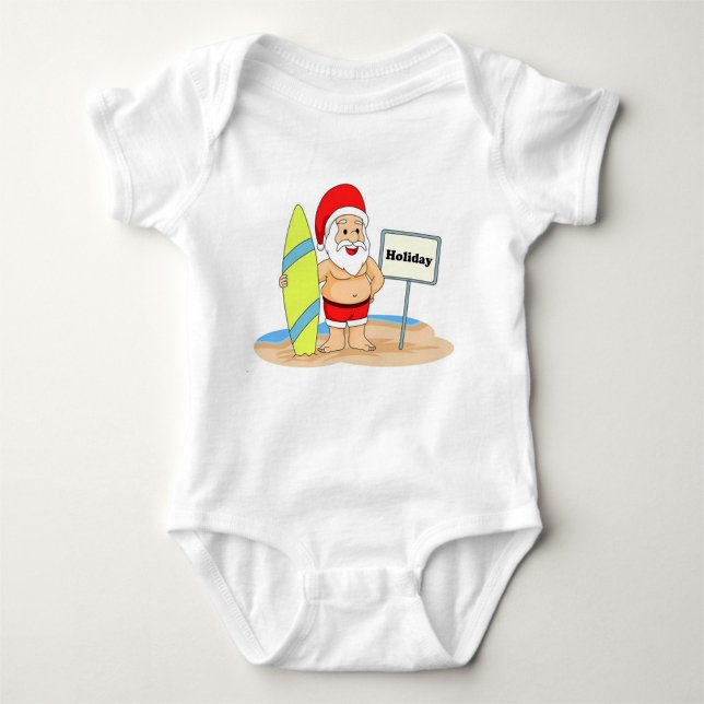 T-shirts Papais noeis de surfe (Illustration of a cartoon Santa Claus on a beach, wearing a red Santa hat!)