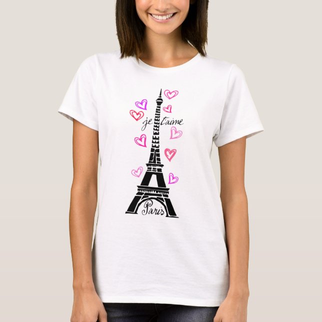 T-SHIRTS PARIS JE T'AIME EIFFEL TORER E CORAÇÃO IMPRESSÃO (Frente)