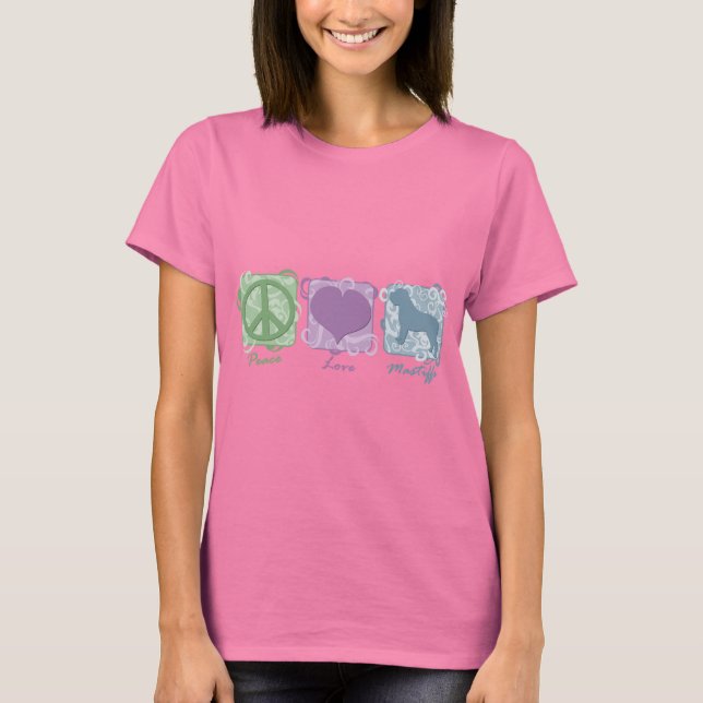 T-shirts Pastel Peace, Love and Mastiffs (Frente)