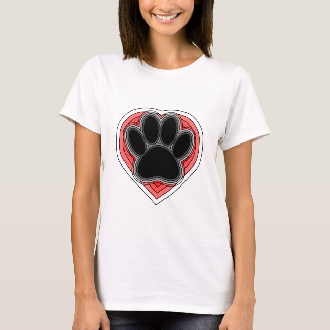 T-shirts Pata De Cães No Coração Vermelho Com Descrições (Frente)