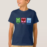 T-shirts Peace Love Hanukkah Cute Blue Kids<br><div class="desc">Camiseta infantil do Peace Love Hanukkah para uma criança judia que gosta de celebrar Chanukah. Um bonito sinal de paz,  coração,  e uma bela menorah.</div>