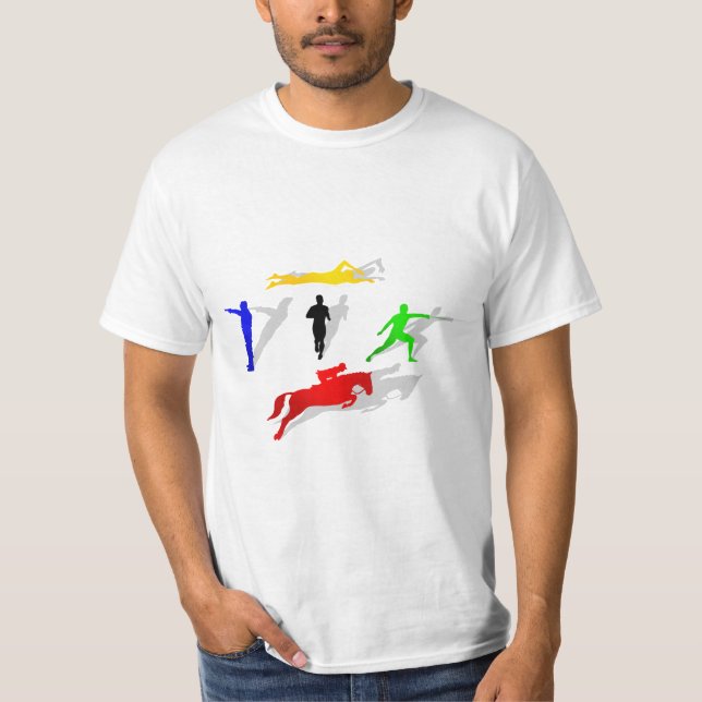 T-shirts Pentathlon que cerca o salto da natação do tiro (Frente)