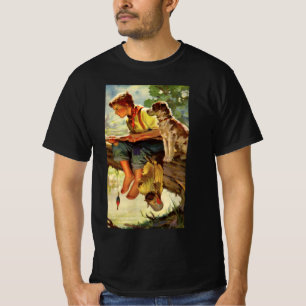 T-shirts Pesca Antiga, Menino com seu Cachorrinho e Minhoca