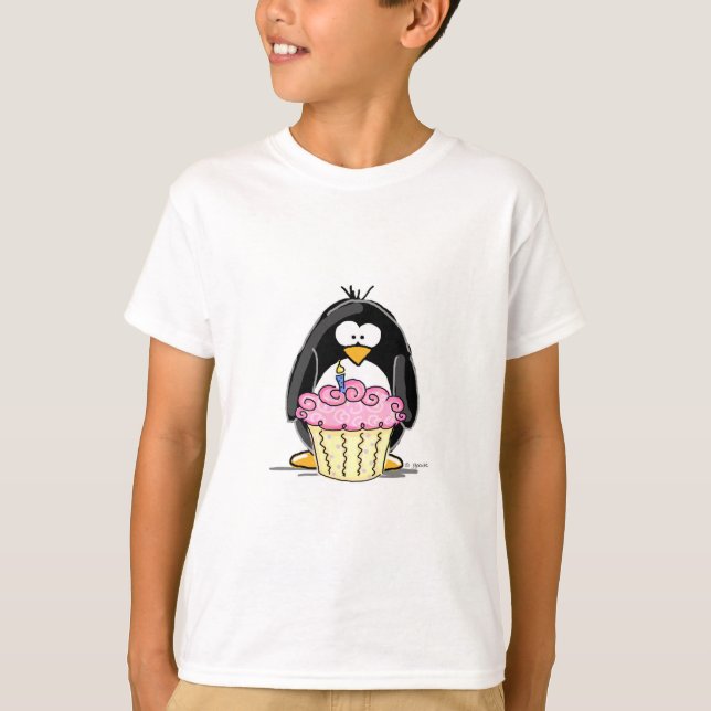 T-shirts Pinguim de aniversário com Cupcake (Frente)