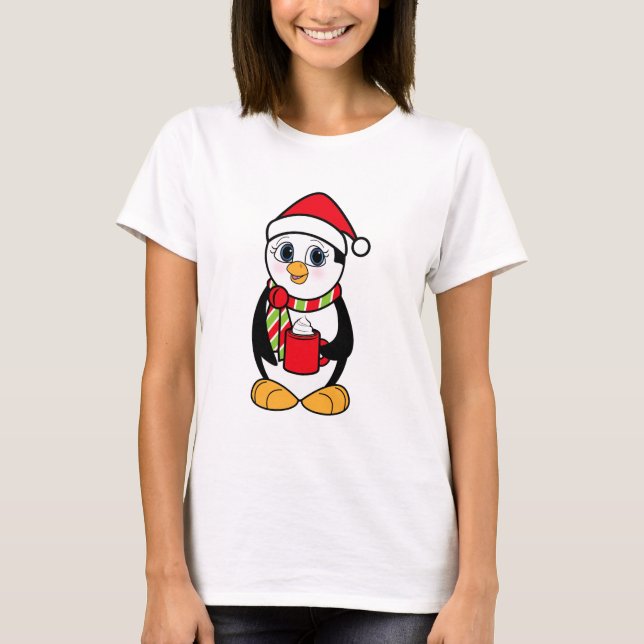 T-shirts Pinguim do Natal com o copo do cacau (Frente)