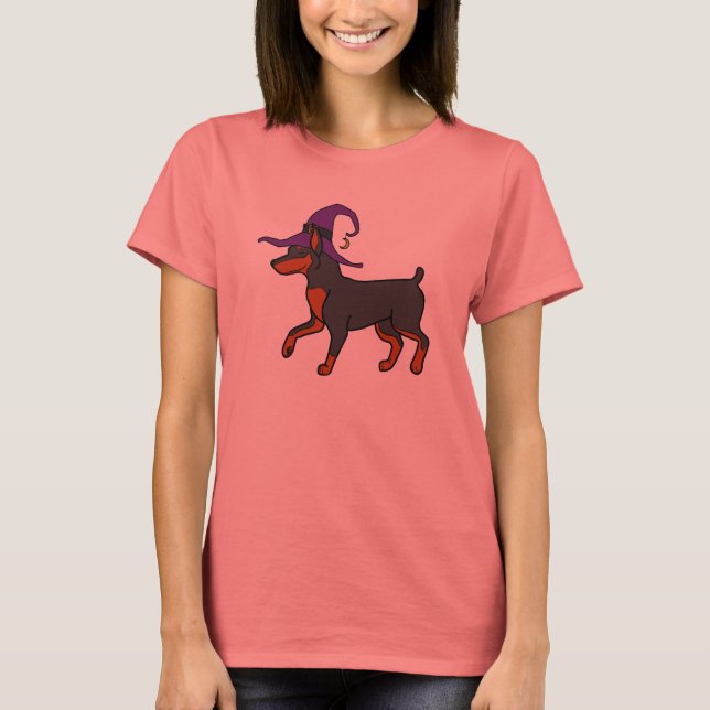 T-shirts Pinscher Miniatura Negra com Chapéu de Bruxa (Frente)