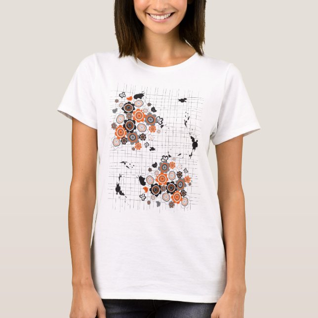 T-shirts Pintinhos de Flores Laranja Grunge Tintas Escadas  (Frente)