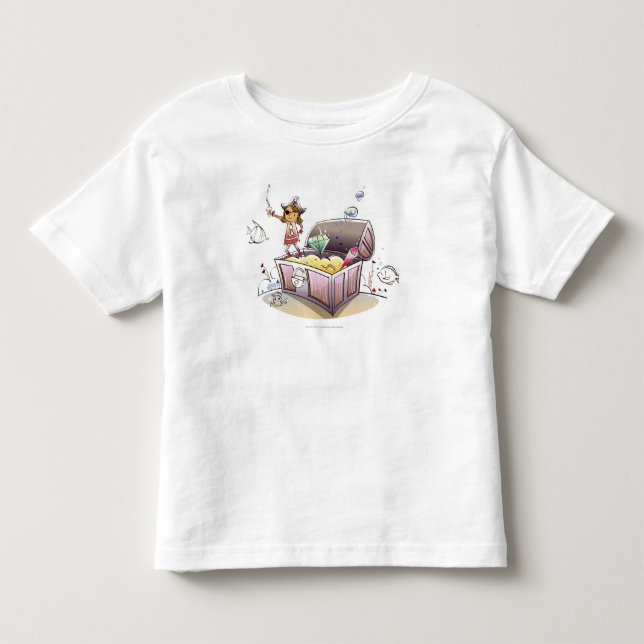 T-shirts Pirata fêmea que está em uma arca do tesouro (Frente)