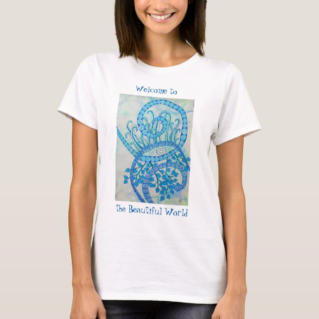 T-shirts Plantas vivas e abstrato azuis (Frente)