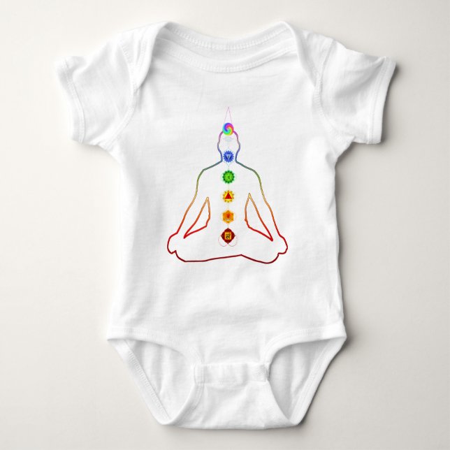 T-shirts Pose de Asana Siddhasana da ioga com 7 Chakras (Frente)