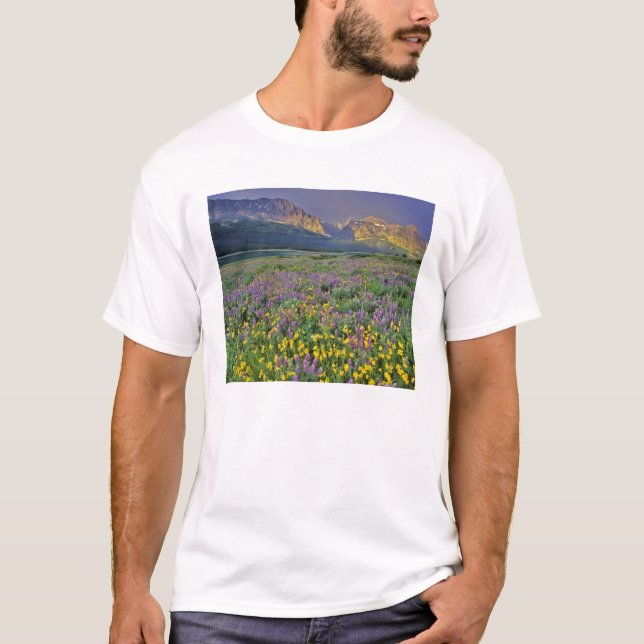 T-shirts Prado de flores silvestres no Many glacier (Frente)