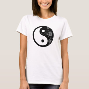 T-shirts Preto do símbolo de Yin Yang floral