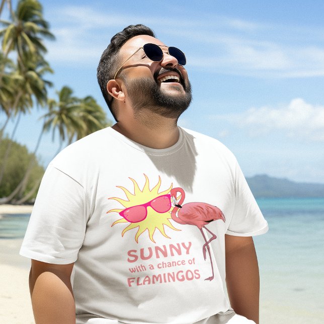 T-shirts Previsão do Clima da Praia Funny Flamingo (male model at the beach wearing funny florida beach weather shirt sunny with a chance of flamingos
)