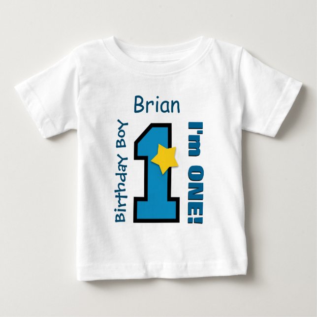 T-shirts primeiro aniversario Boy BLUE One Year Custom Name (Frente)