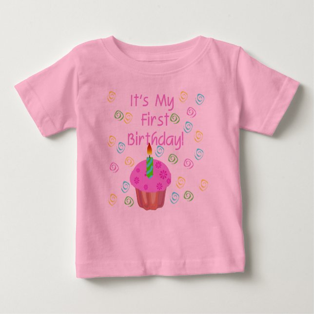 T-shirts Primeiro aniversario cor-de-rosa do cupcake (Frente)