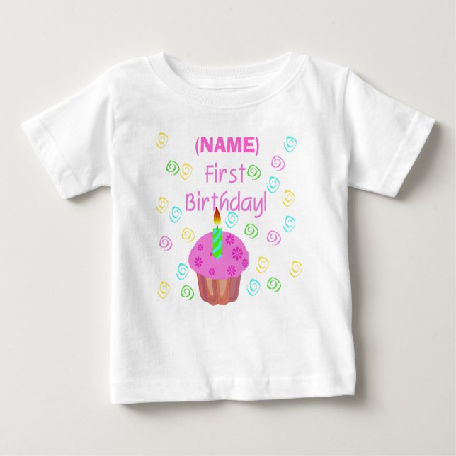T-shirts Primeiro aniversário do cupcake cor-de-rosa (Frente)