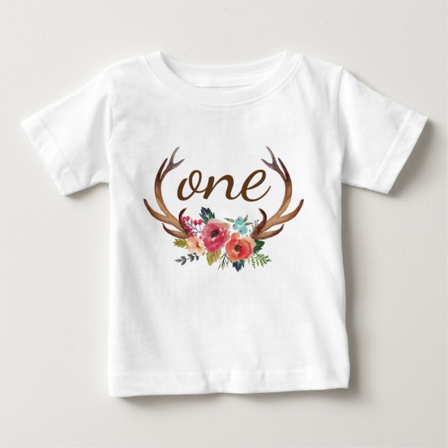 T-shirts primeiro aniversario Floral Deer Horn Personalizad (Frente)