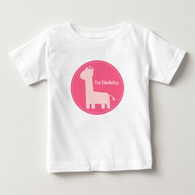 T-shirts primeiro aniversario - Garota Rosa Girafa Silhout (Frente)