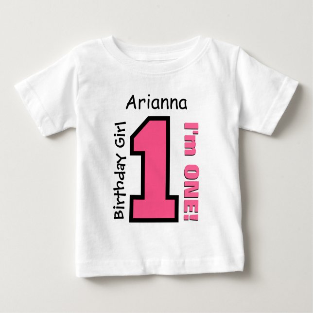 T-shirts primeiro aniversario Girl PINK Um Ano Nome Persona (Frente)