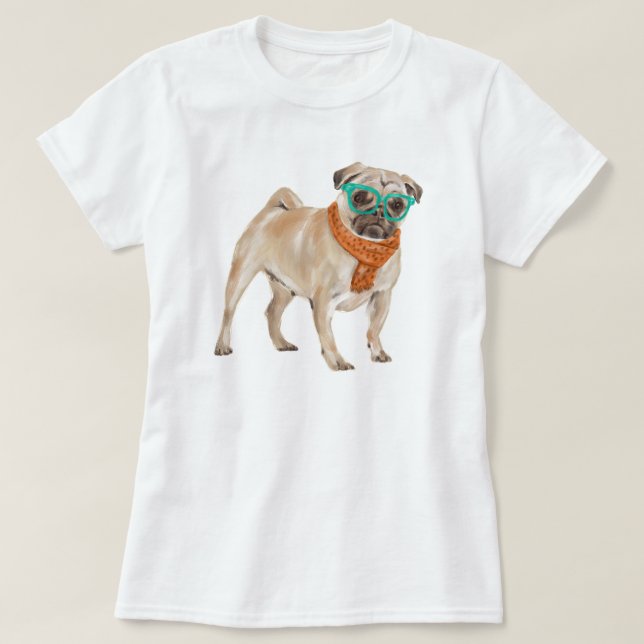 T-shirts Pug Bulldog pintado à mão (Frente do Design)