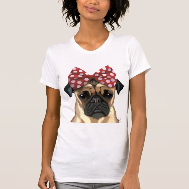 T-shirts Pug com Arco vermelho na cabeça (Frente)