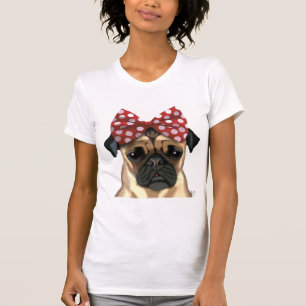 T-shirts Pug com Arco vermelho na cabeça