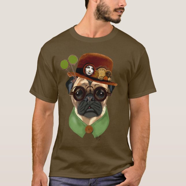 T-shirts Pug com Steampunk Bowler Hat (Frente)
