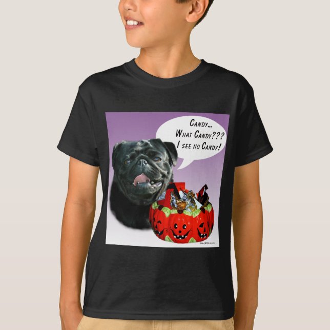 T-shirts Pug (preto) Halloween Candy (Frente)