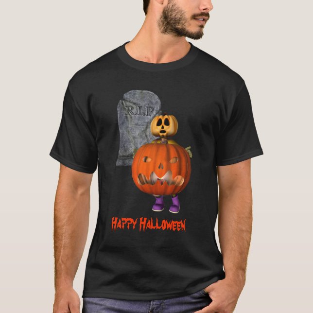 T-shirts Pumpkin Man Tombstone Halloween Engraçado (Frente)