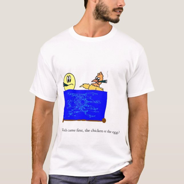 T-shirts qual veio primeiramente a galinha ou o ovo (Frente)