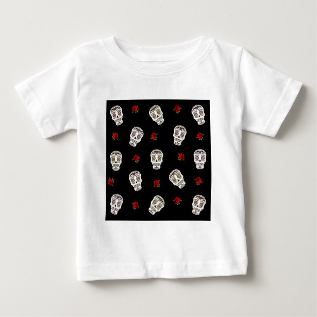 T-shirts RAB Rockabilly Açúcares Caveiras Rosas Em Preto (Frente)