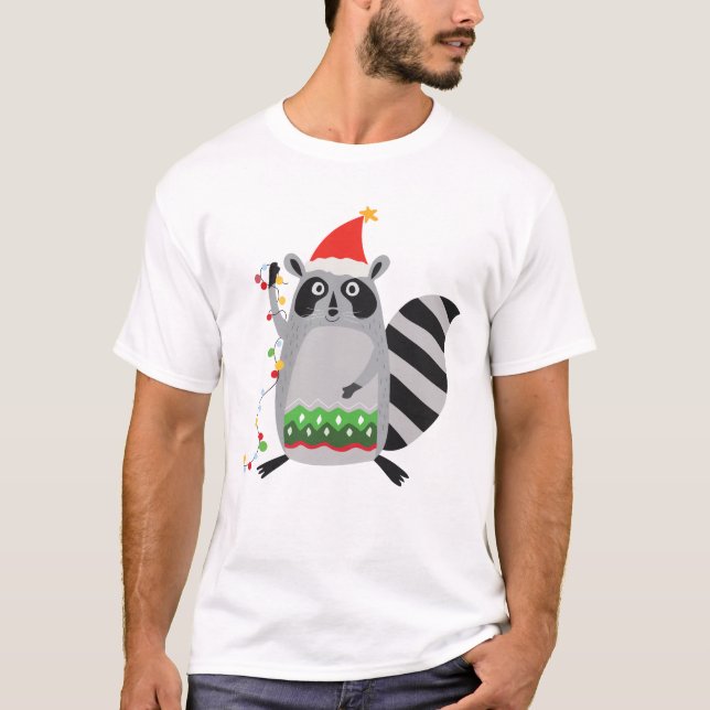 T-shirts Raccoon Em Santa Hat Entrou Em Luzes De Xmas (Frente)