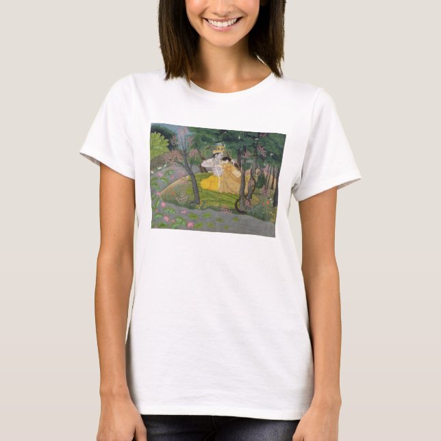 T-shirts Radha e Krishna abraçam-se numa plantação florida (Frente)
