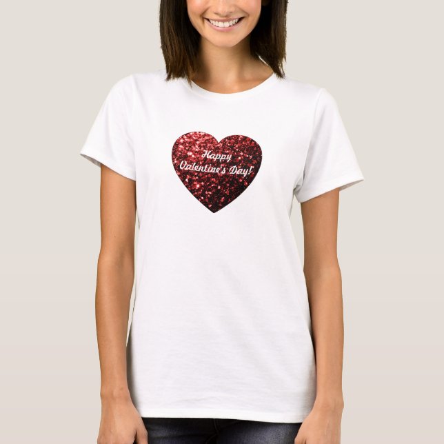 T-shirts Red Sparkles Heart Happy Valentine Day Personalize (Frente)
