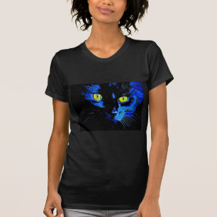 T-shirts Retrato Artístico De Gato Negro Com Amarelo Em Gre