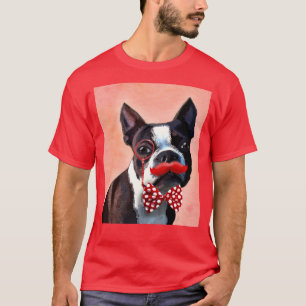 T-shirts Retrato de Boston Terrier com gravata de Arco verm