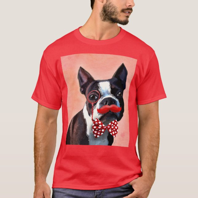 T-shirts Retrato de Boston Terrier com gravata de Arco verm (Frente)