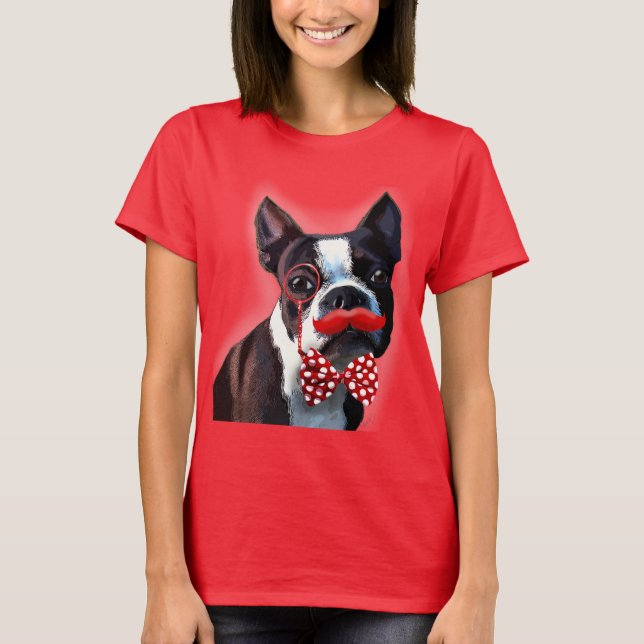 T-shirts Retrato de Boston Terrier com gravata vermelha de  (Frente)