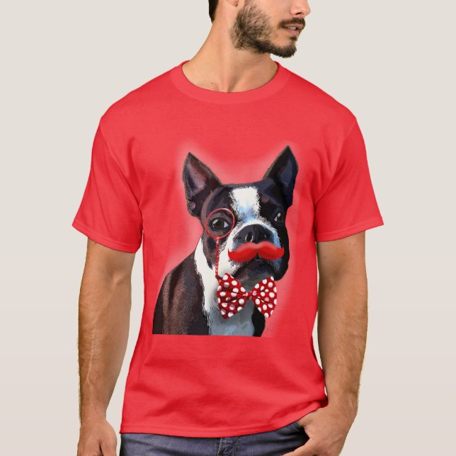 T-shirts Retrato de Boston Terrier com gravata vermelha de  (Frente)