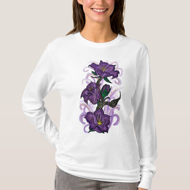 T-shirts Rogo de flores roxas (Frente)