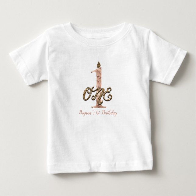 T-shirts Rosa Dourado Bronze Bolinhas ONE 1 1º Aniversário (Frente)