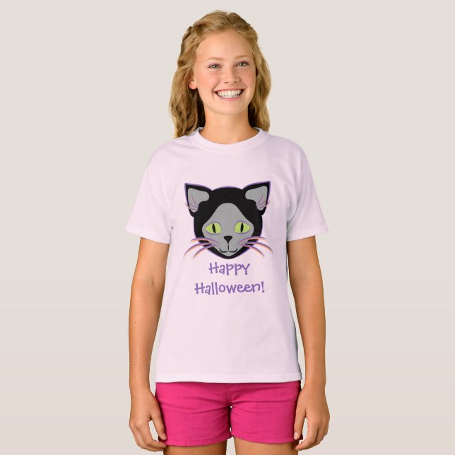 T-shirts Rosto de Gato Negro e Halloween (Frente Completa)