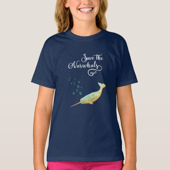 T-shirts Salvar o Narwhals. Aguarela, arte da caligrafia (Frente)
