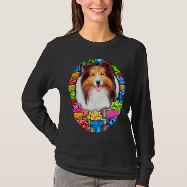 T-shirts Sheltie Christmas Open Gifs Sable (Frente)