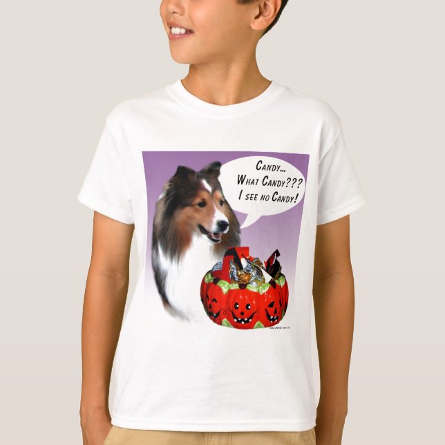 T-shirts Shetland Sheepdog (Sable) - Doces do Halloween (Frente)