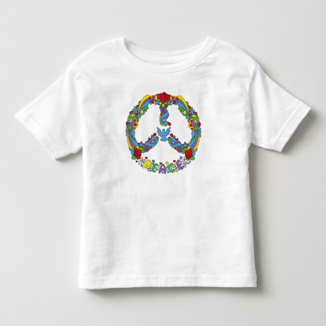 T-shirts Símbolo de paz com flores e estrelas estilo pop-ar (Frente)